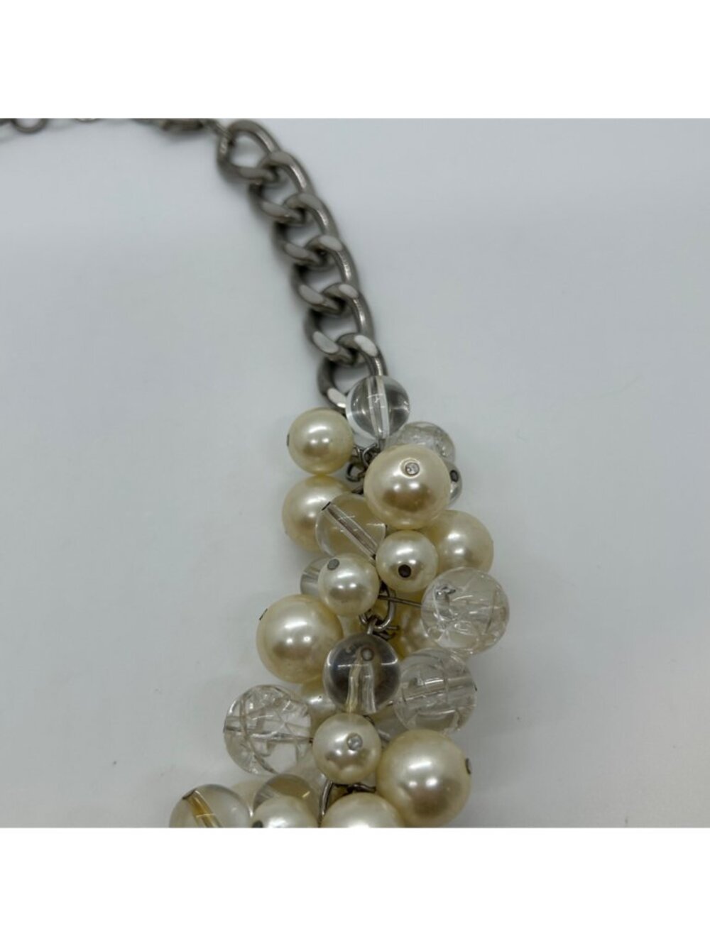 Faux Pearl & Clear Crystal Necklace Chunky Statement Bib Silver-Tone Adjustable - Picture 6 of 15